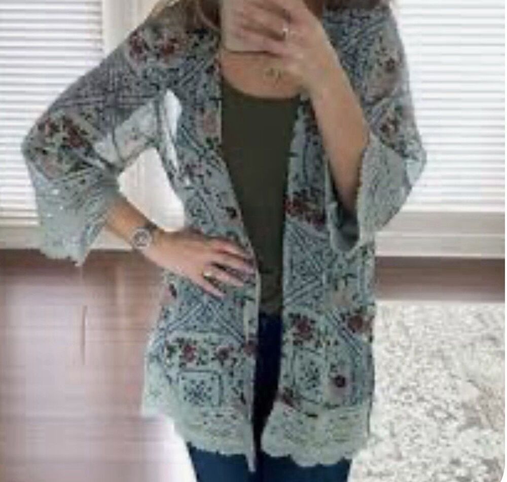 Mason & Belle Boho Teal Floral Kimono Cover Up 2X | Sheer Lace Trim Duster